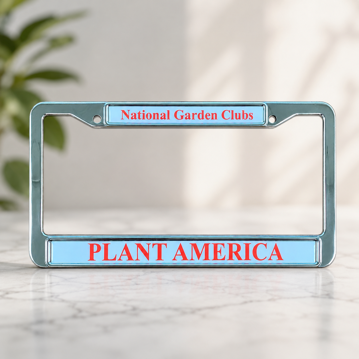plant america logo on a license plate frame for national garden clubs inc