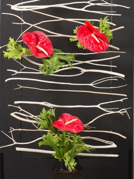 Floral Design of White Branches and Red Anthurium