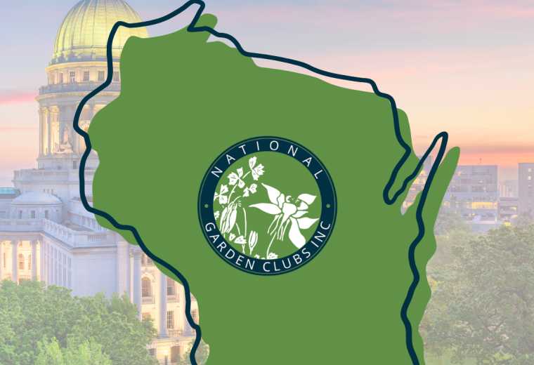picture of madison wisconsin with green and blue wisconsin graphic and text displaying 2027 national convention with NGC's logo in the middle of the wisconsin art